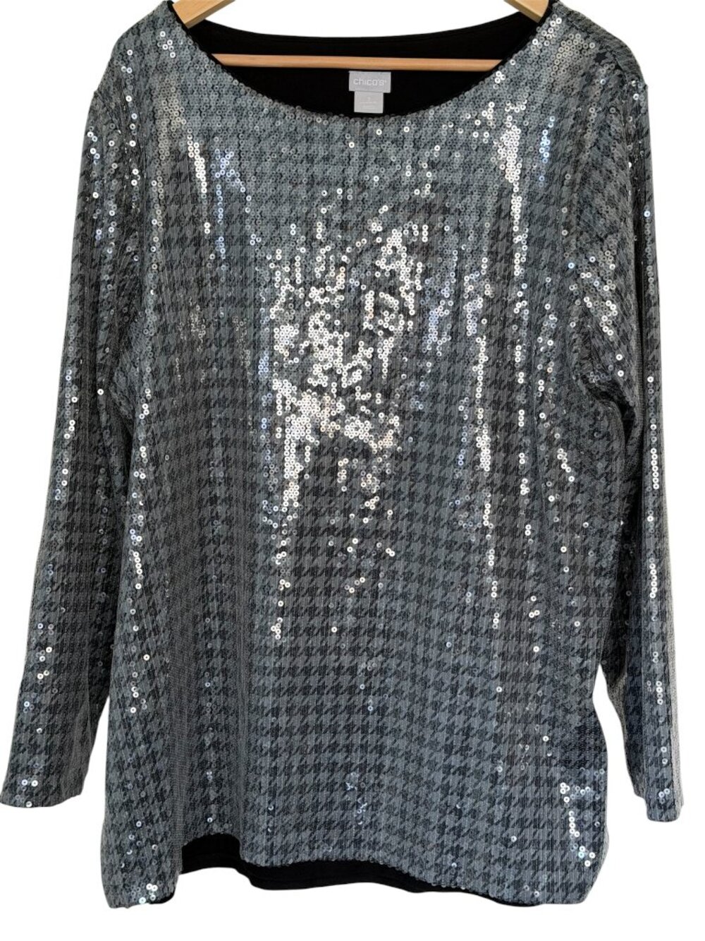 Chico Houndstooth Sequin Tunic Knit Top Glam Sparkle Metallic Silver Gray 3 (XL)